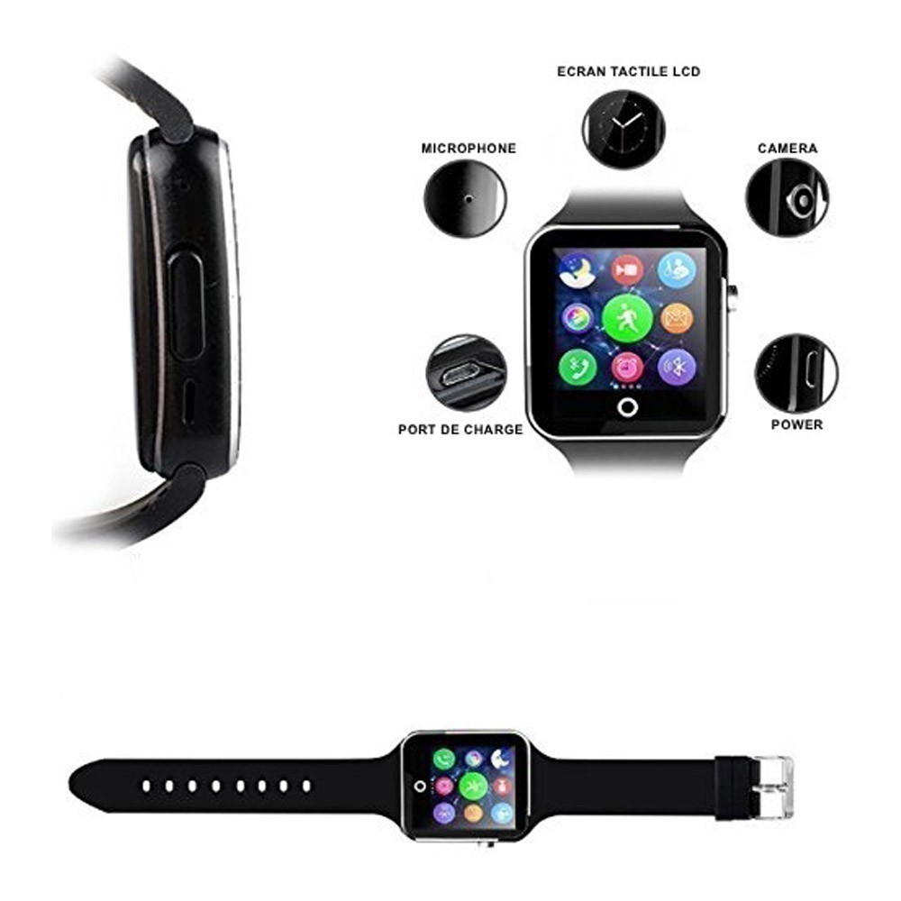 Montre connectée Bluetooth étanche avec caméra et microphone intégré - Noir  & argent