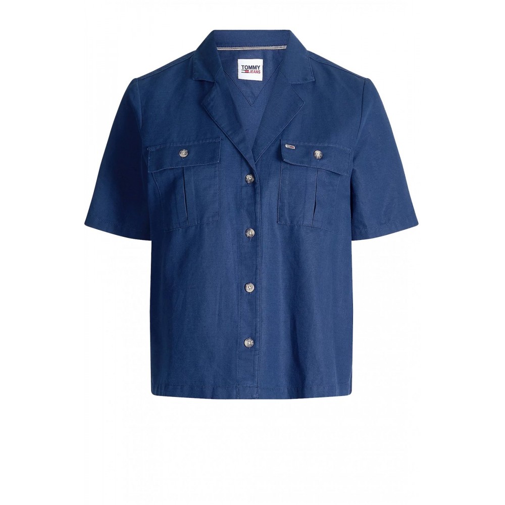 Chemise bowling en lin Tommy Jeans C87 bleu DW0DW09942