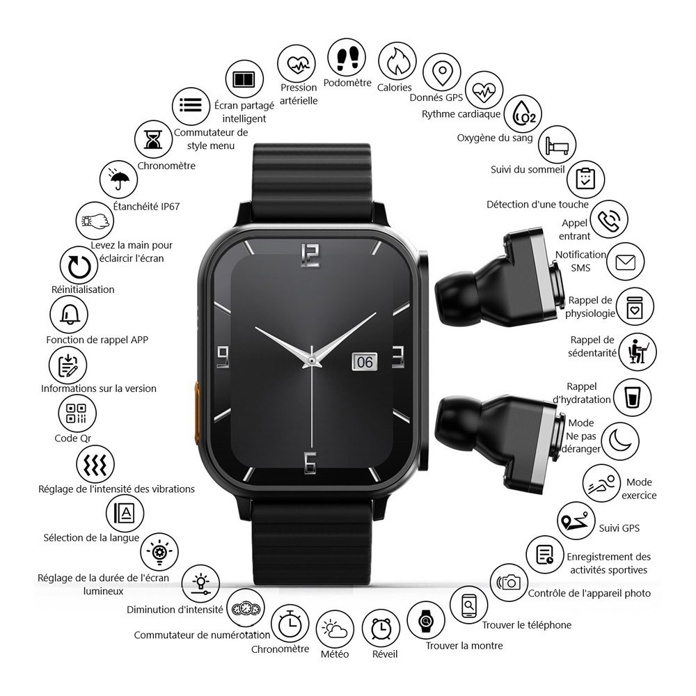 Montre Connectee Multifonction Noir WAC 188 Homme Prive