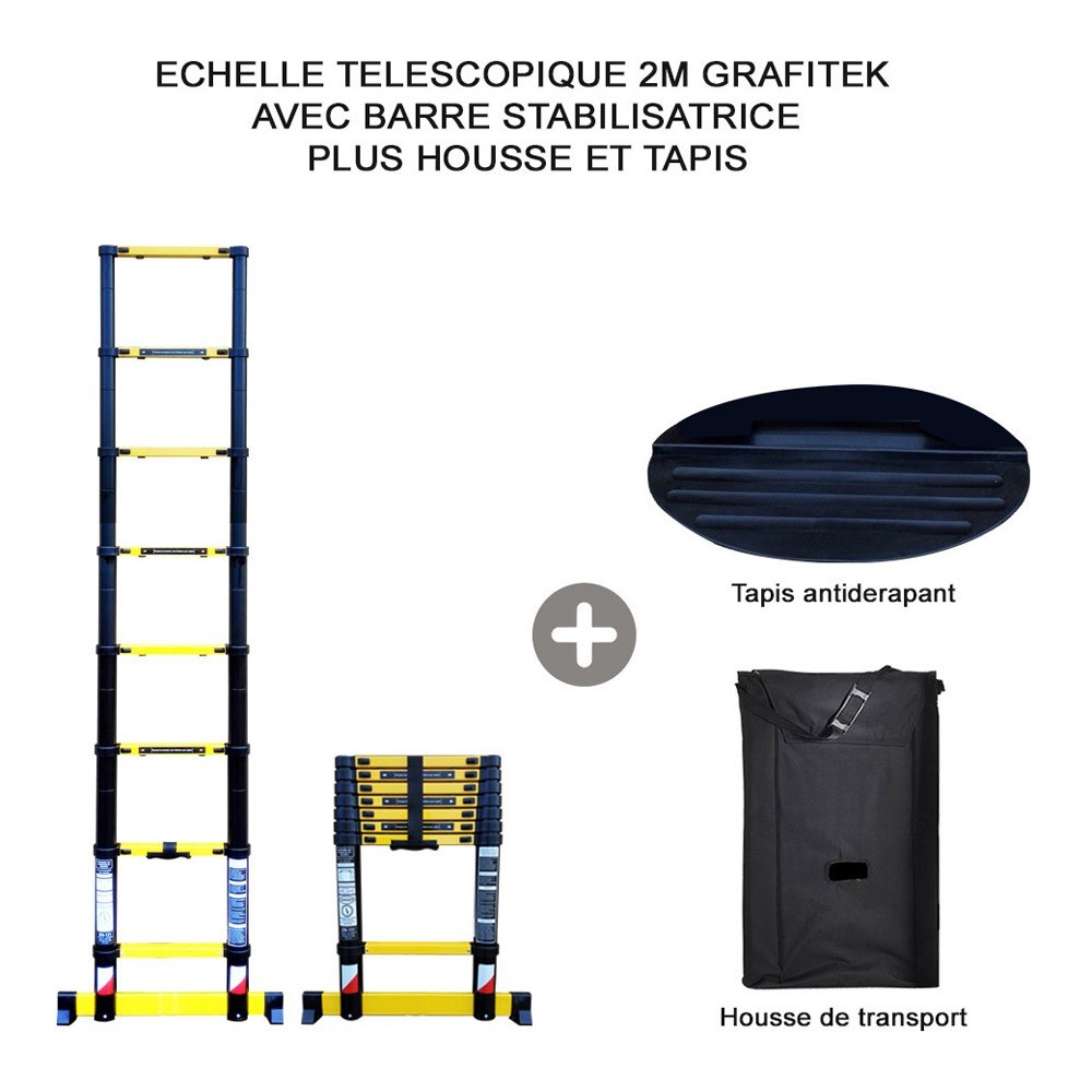 Echelle télescopique Woerther 2m Grafitek avec barre stabilisatrice -  Qualité supérieur - Garantie 5 ans