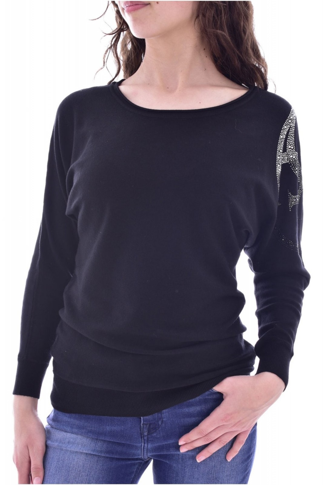 Pull à logo strassé sur épaule Guess jeans JBLK Jet Black A996 W3GR38 Z2NQ2