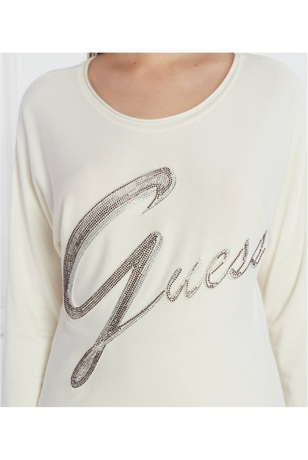 Pull léger à gros logo strassé Guess jeans G012 CREAM WHITE W3BR25 Z2NQ2