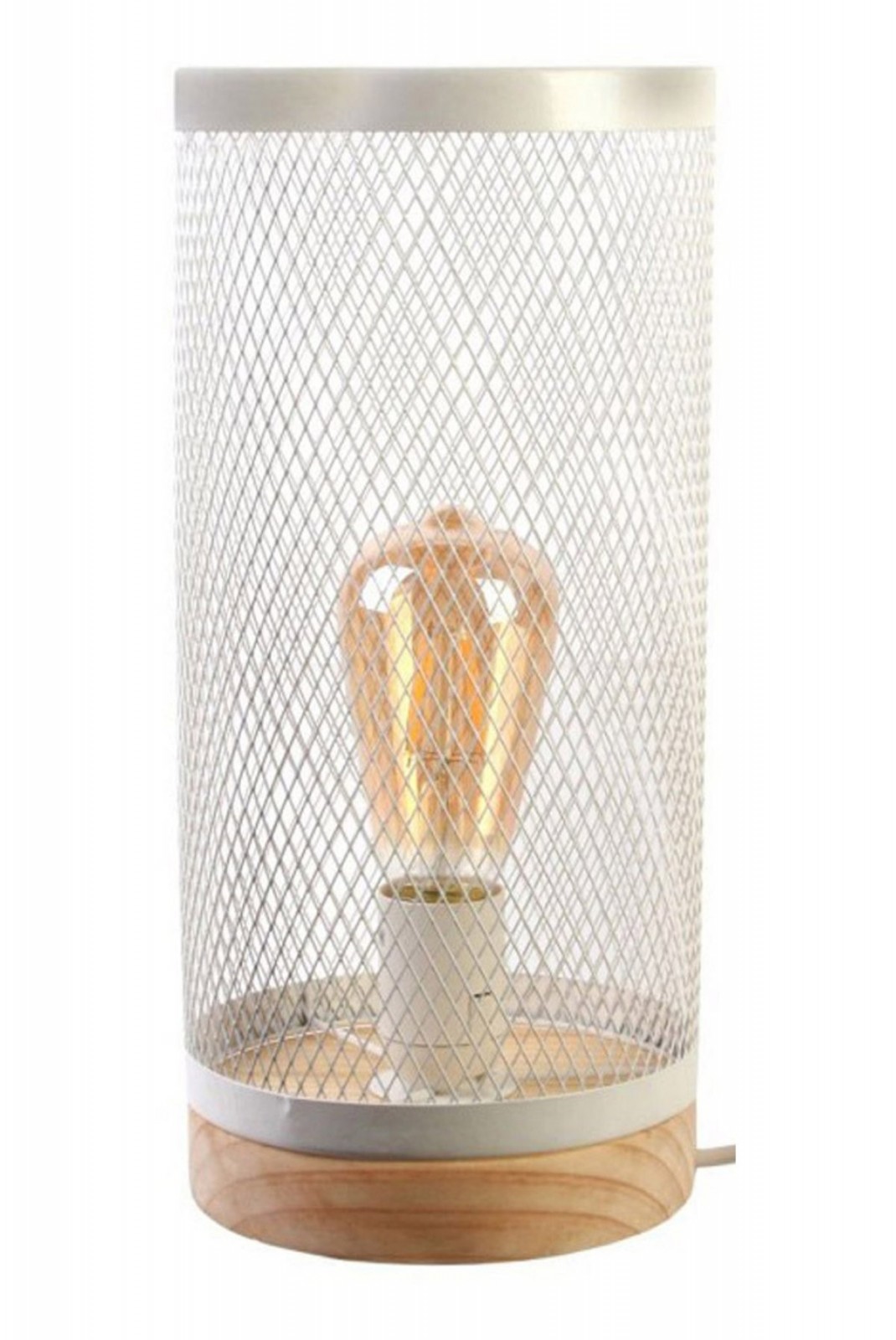 Lampe A Poser Cylindre Grille Metal Blanc Bois  - LA12064 Home Déco Factory  LA12064