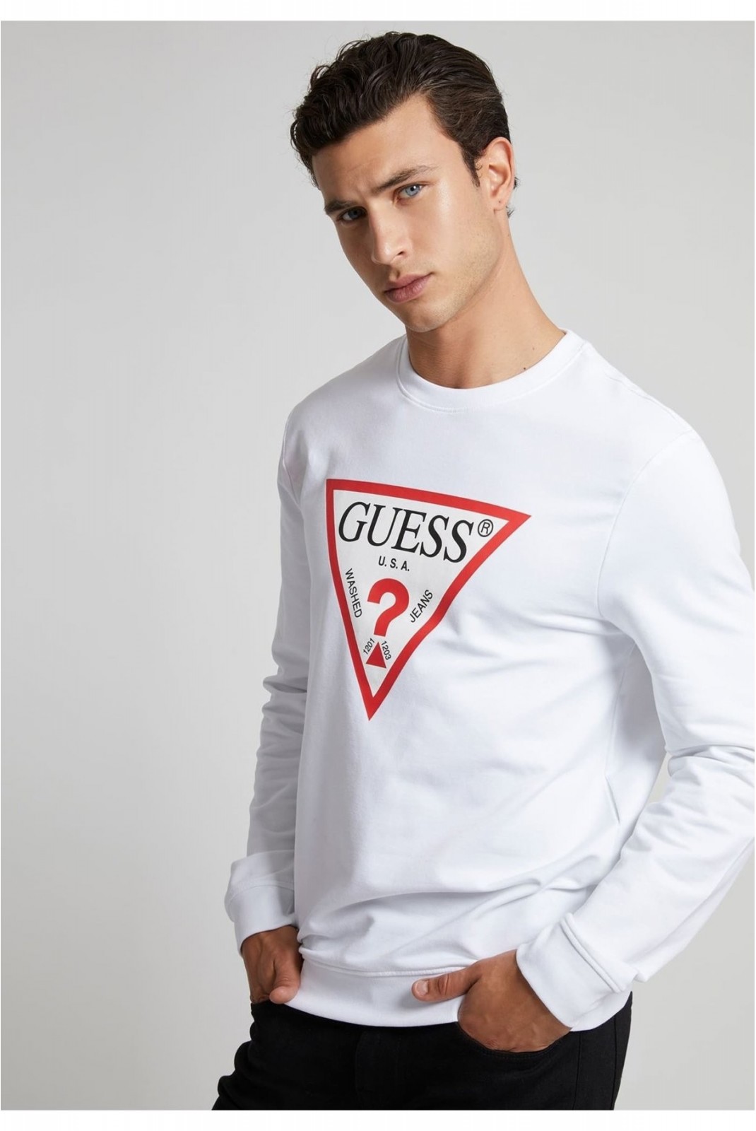 Sweat iconique en coton bio Guess jeans G011 Pure White M2YQ37 K6ZS1