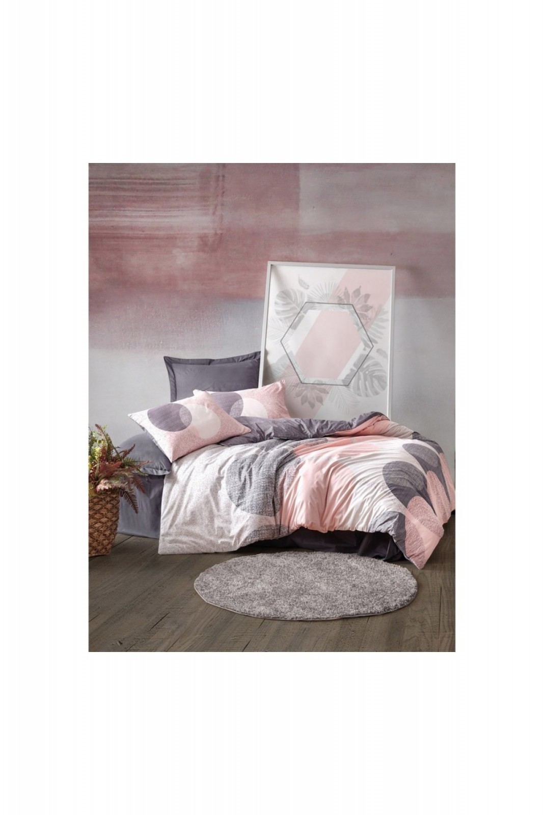 Housse de couette + 2 Taies d'oreiller - 240 x 220 cm + 60 x 60 cm - Leron - Grey - 129CTN62688 Cotton box Grey/Pink/White 129CT