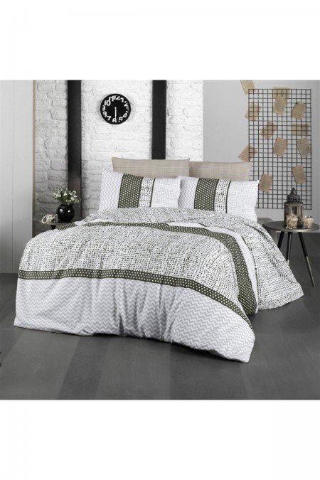 Housse de couette + 2 Taies d'oreiller - 240 x 220 cm + 60 x 60 cm - Calista - 121VCT62676 Cotton box Green/Grey/White 121VCT626