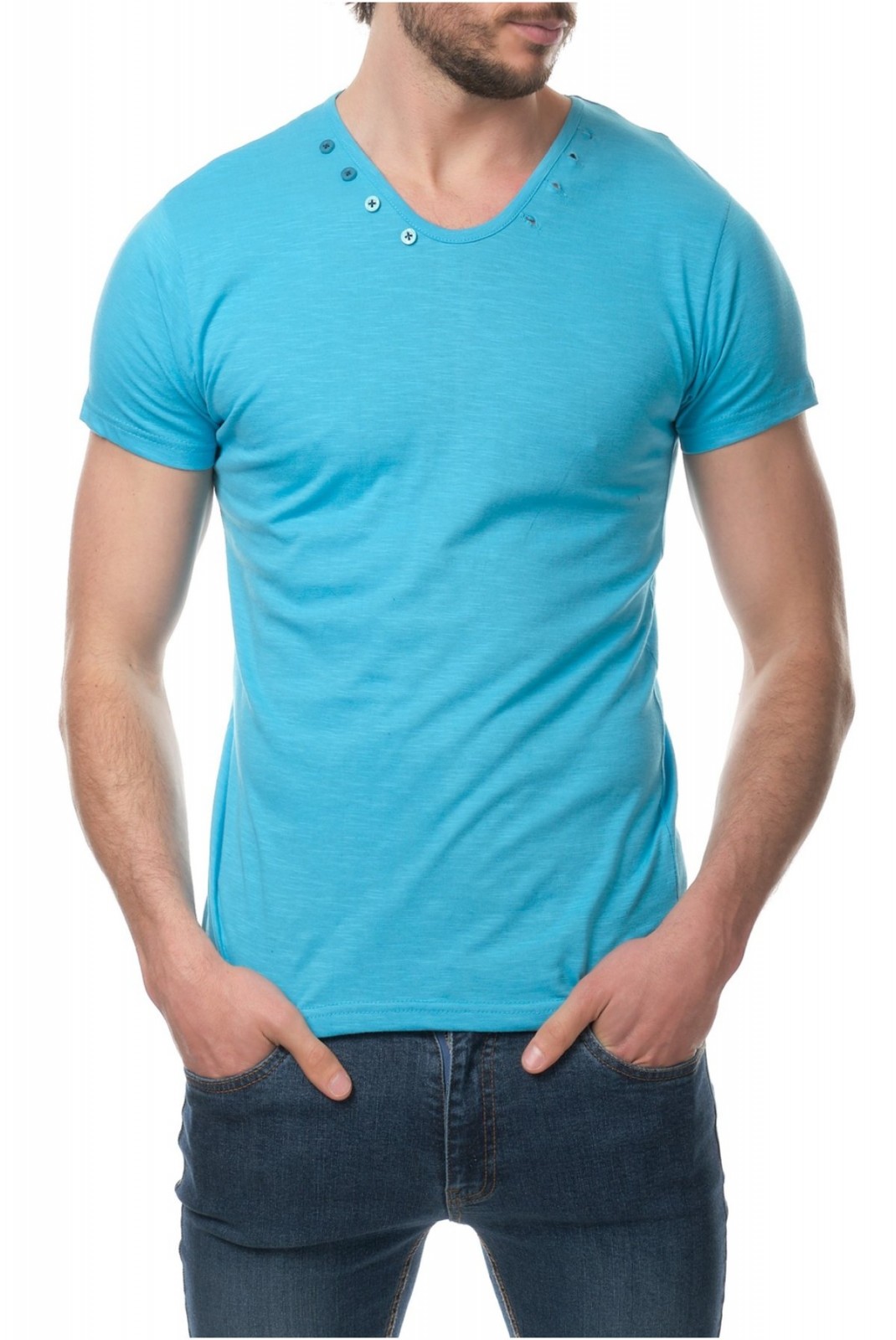 Tshirt col v détails boutons Hopenlife TURQUOISE NARSUS