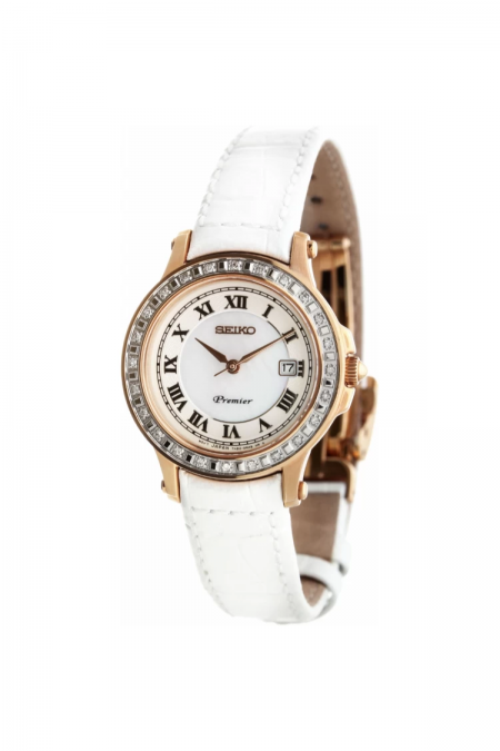 Montre qwartz bracelet cuir Seiko Pink Gold / White / Pearl SXDF08P1