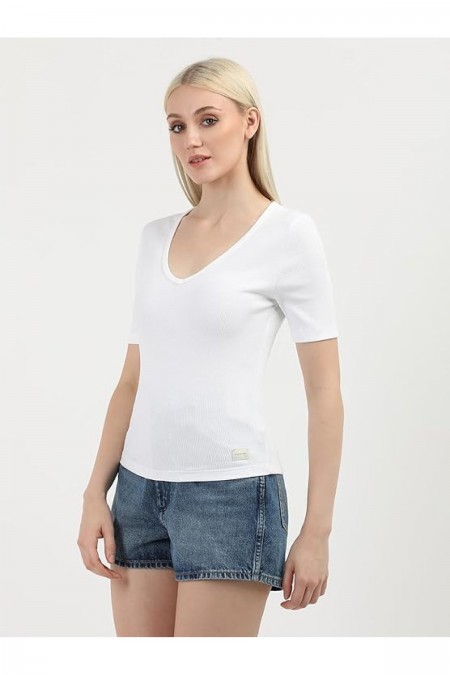 TShirt côtelé col V Calvin klein YAF Bright White J20J224455