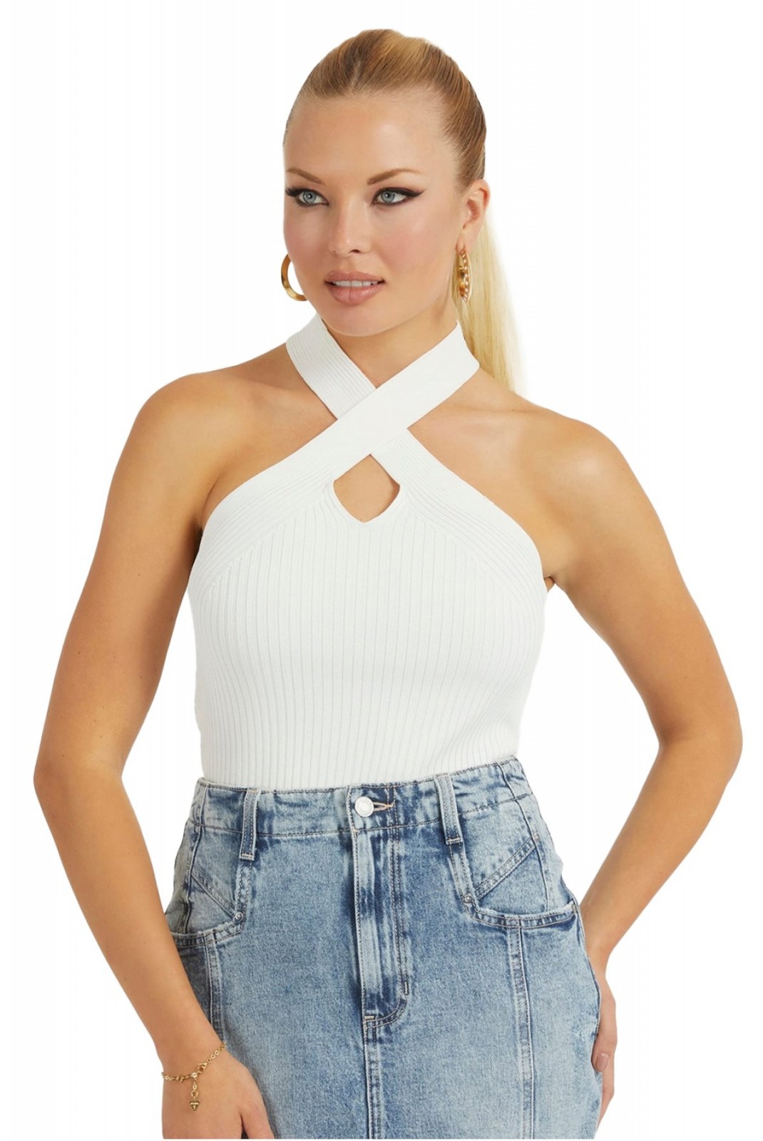 Top côtelé sans manches Guess jeans G012 CREAM WHITE W3YR08 Z2U00