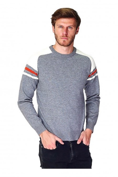 Pull col rond. tricolor à epaule vintage à manches longues en raglans - WDF - Flanelle - WFM103