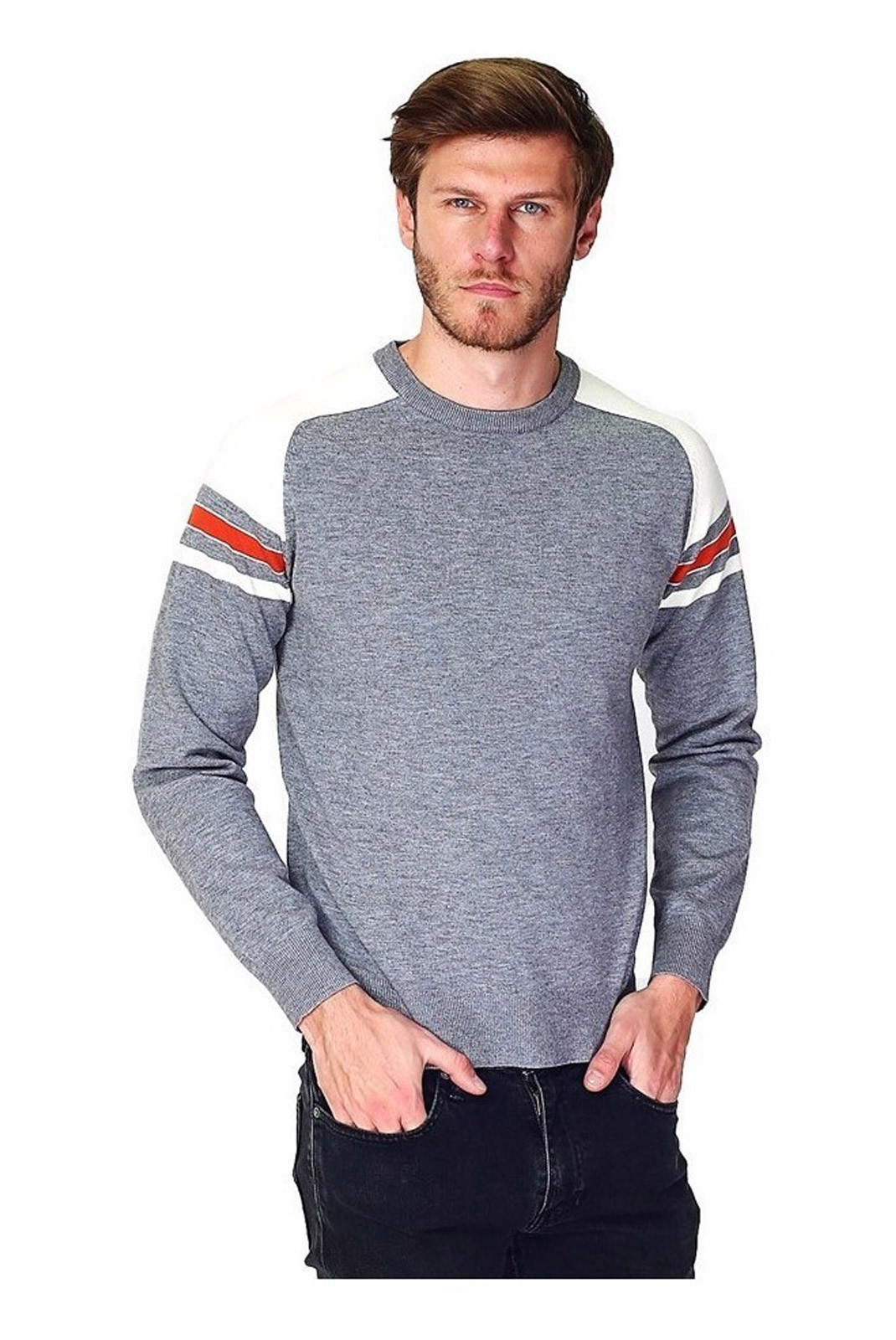 Pull col rond. tricolor à epaule vintage à manches longues en raglans - WDF - Flanelle - WFM103