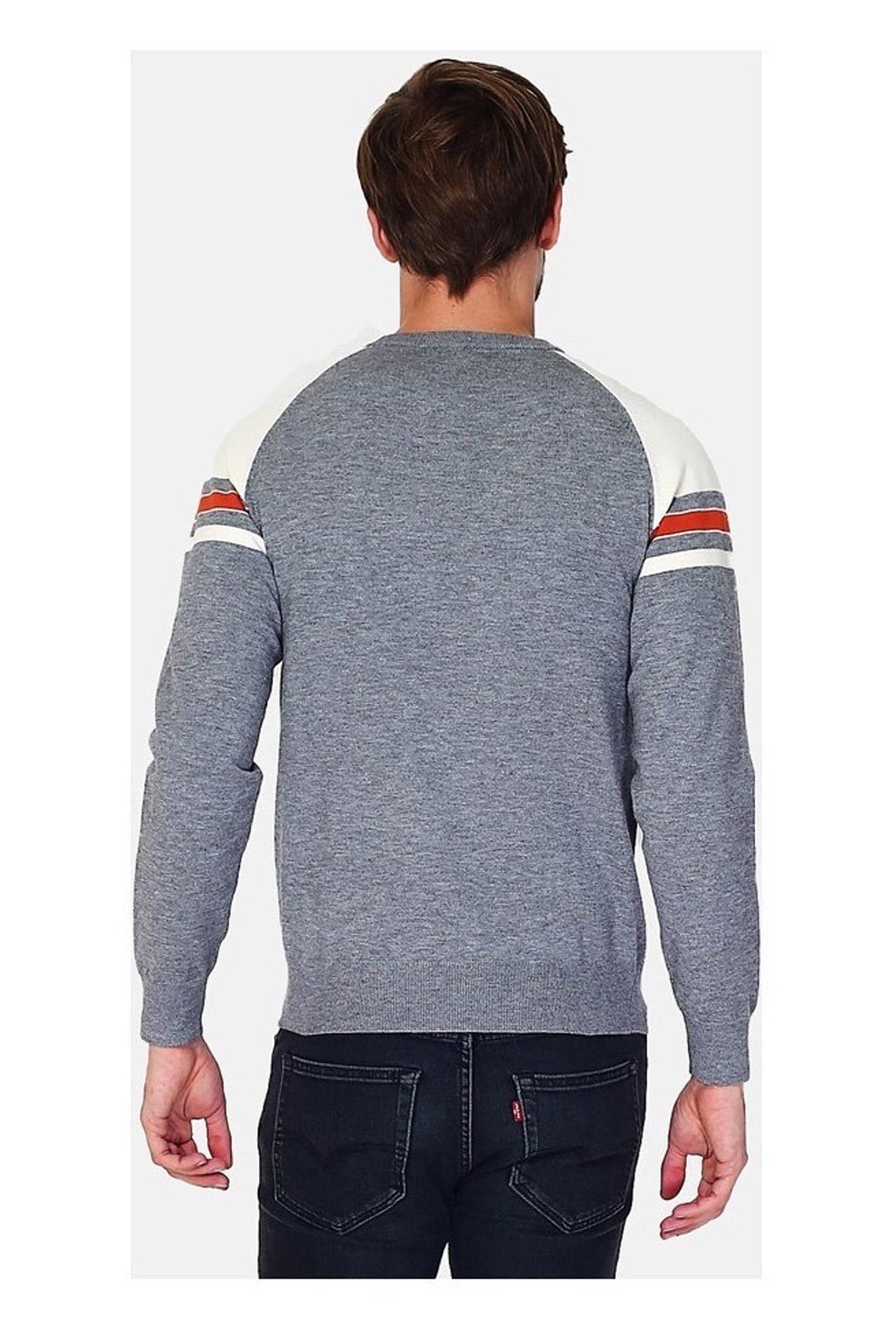 Pull col rond. tricolor à epaule vintage à manches longues en raglans - WDF - Flanelle - WFM103