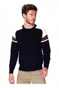 Pull col rond. tricolor à epaule vintage à manches longues en raglans - WDF - Noir - WFM103