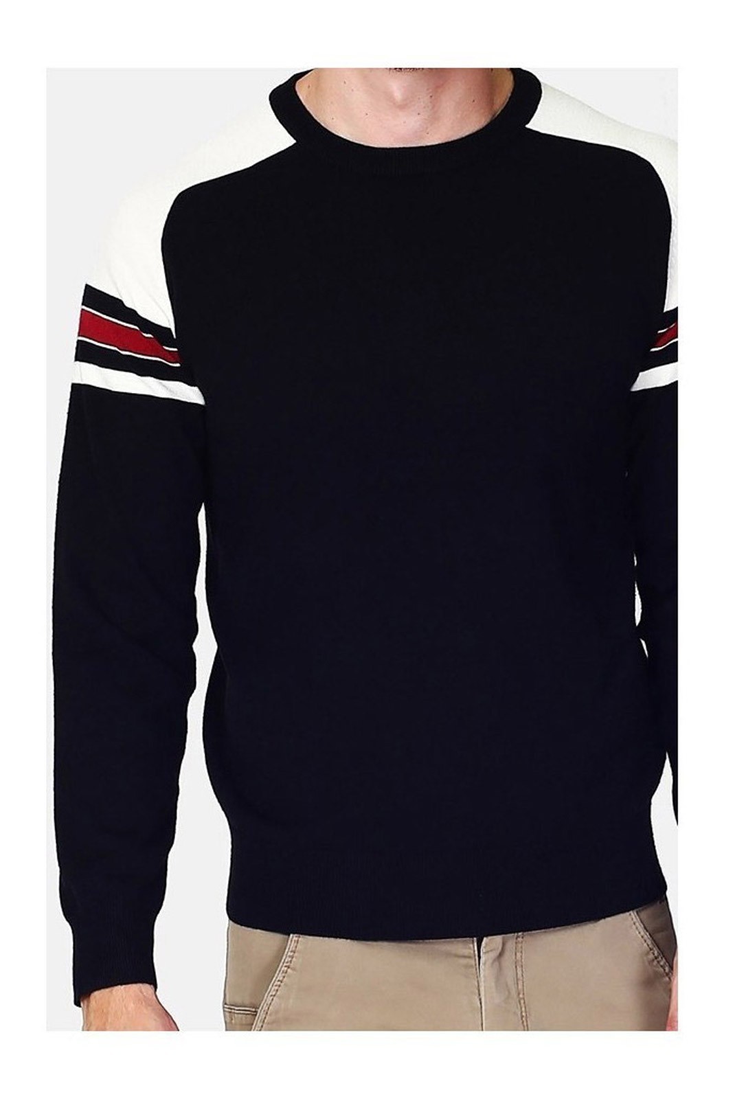 Pull col rond. tricolor à epaule vintage à manches longues en raglans - WDF - Noir - WFM103