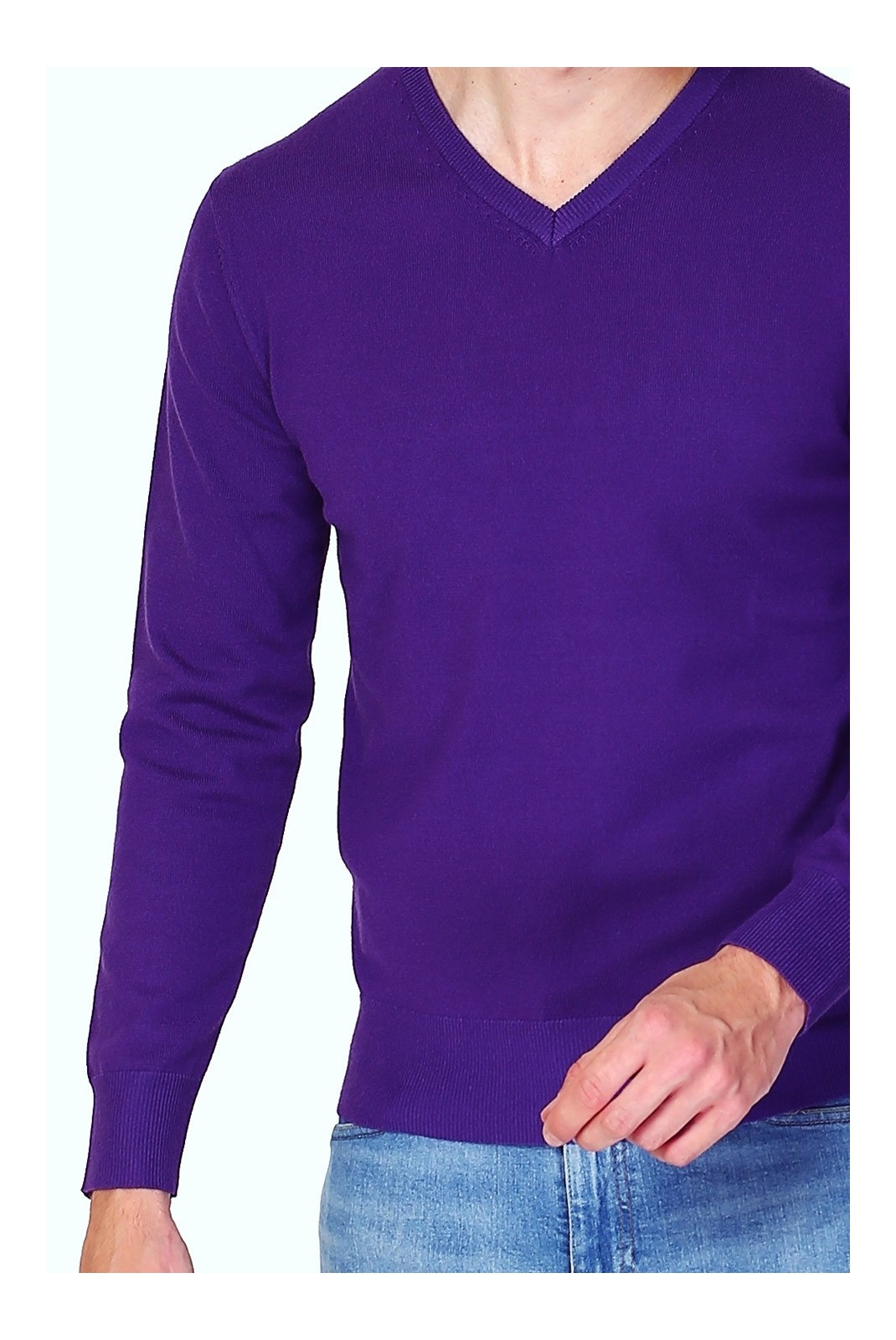 Pull col V classique à manches longues tricotage en 3 fils - Violet  - WFM120