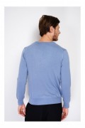 Pull col V classique à manches longues tricotage en 2 fils - Bleu Jeans - WFM141