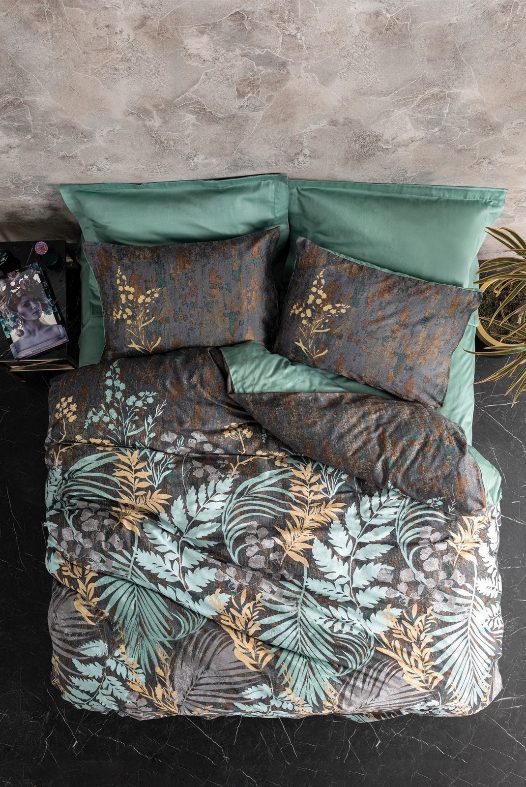 Ensemble housse de couette + taie d'oreiller en satin 260x220 - Mint / Anthracite / Brown - 129CTN93944