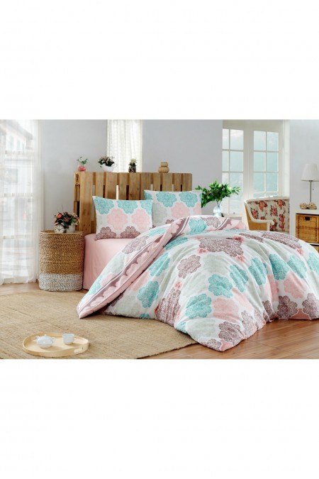 Ensemble housse de couette + taie d'oreiller 240x220 - Turquoise / Salmon / Cream - 143EPJ61436