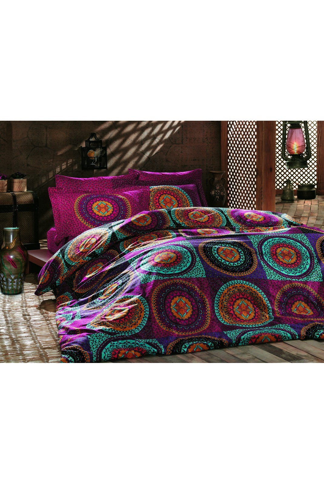 Ensemble housse de couette + taie d'oreiller  240x220 - Fuchsia / Turquoise / Yellow / Orange - 182TRK62220