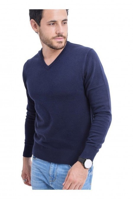 Pull Col V 2 Fils - Bleu Nuit - CJ30