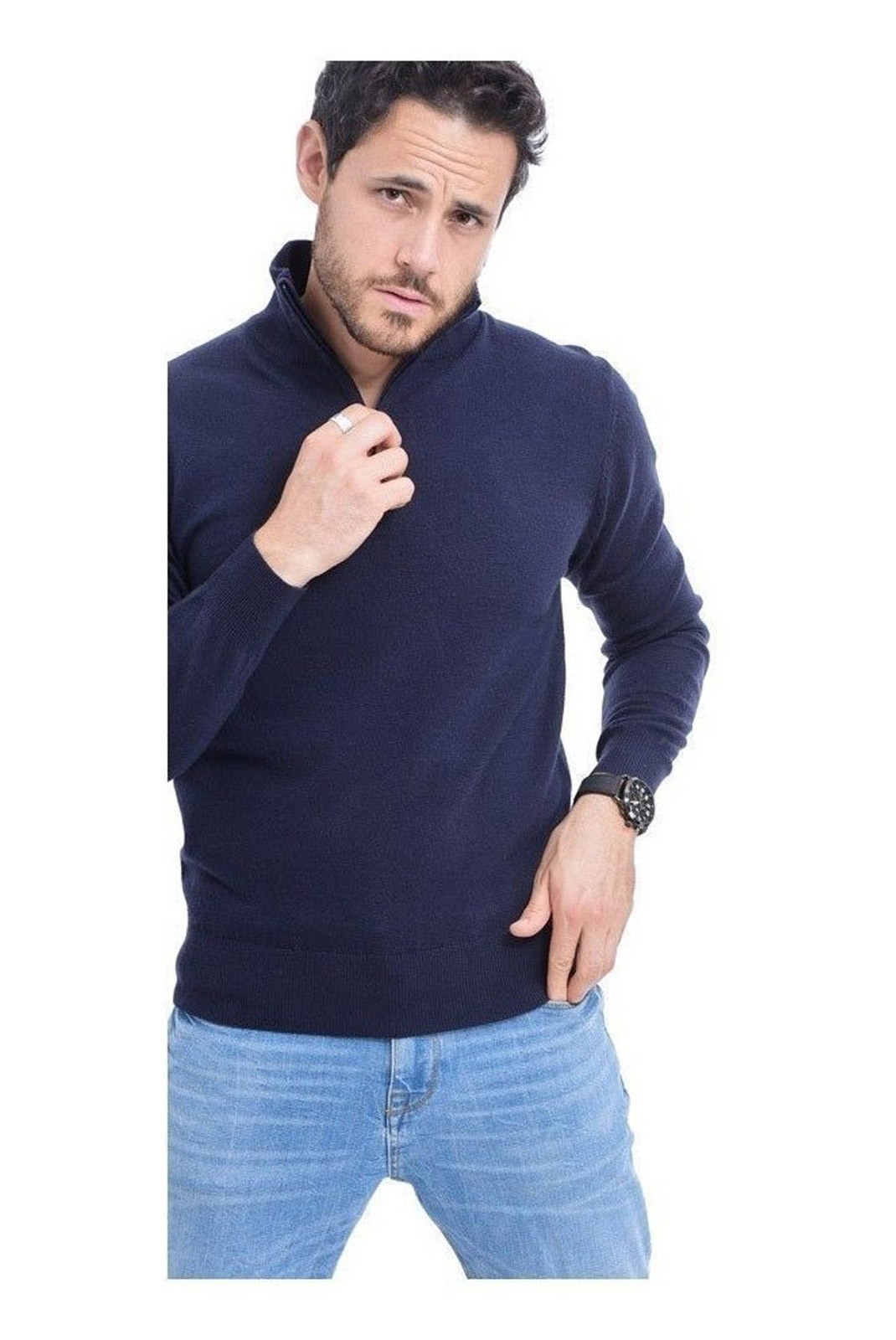 Pull Col Montant À Demi-Zip En Cuir 2 Fils - Bleu Nuit - CJ33