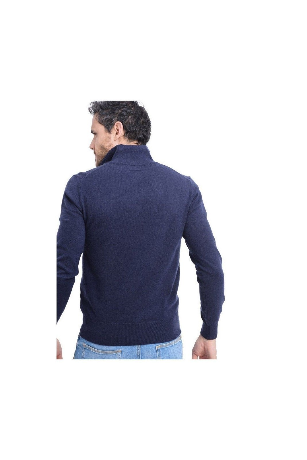 Pull Col Montant À Demi-Zip En Cuir 2 Fils - Bleu Nuit - CJ33