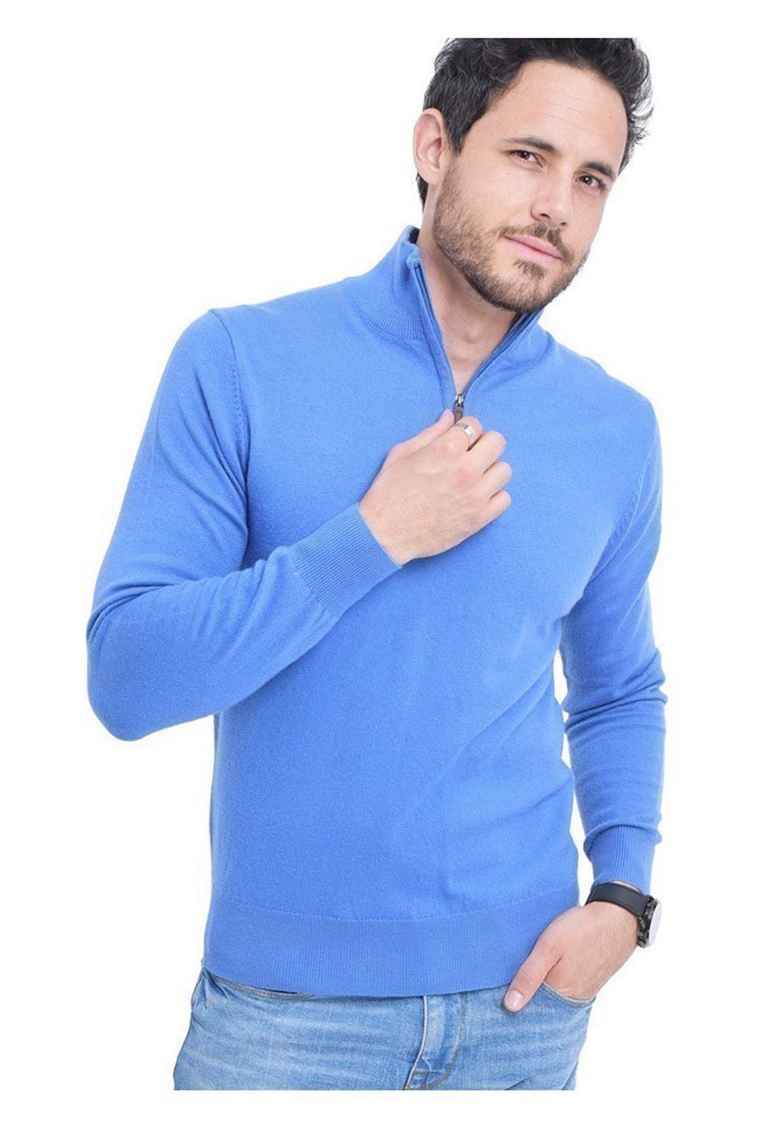 Pull Col Montant À Demi-Zip En Cuir 2 Fils - Royal - CJ33