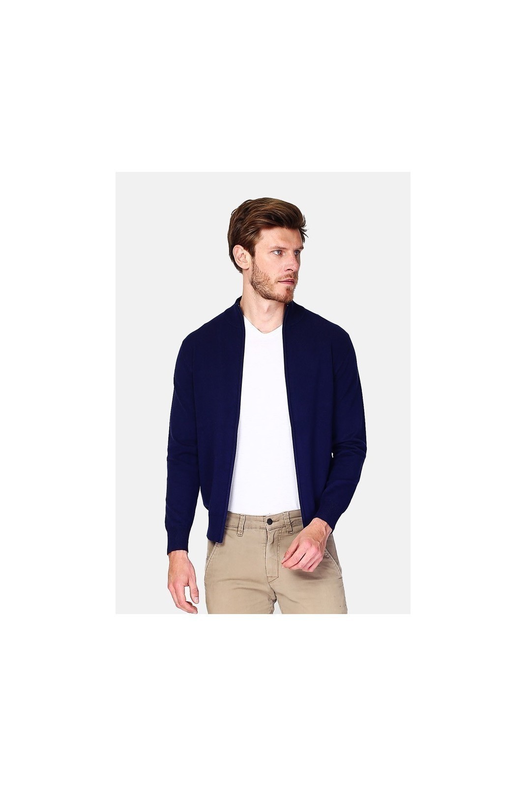 Gilet Zippé Classique À Manches Longues Tricotage En 3 Fils - Bleu Nuit - CJ89