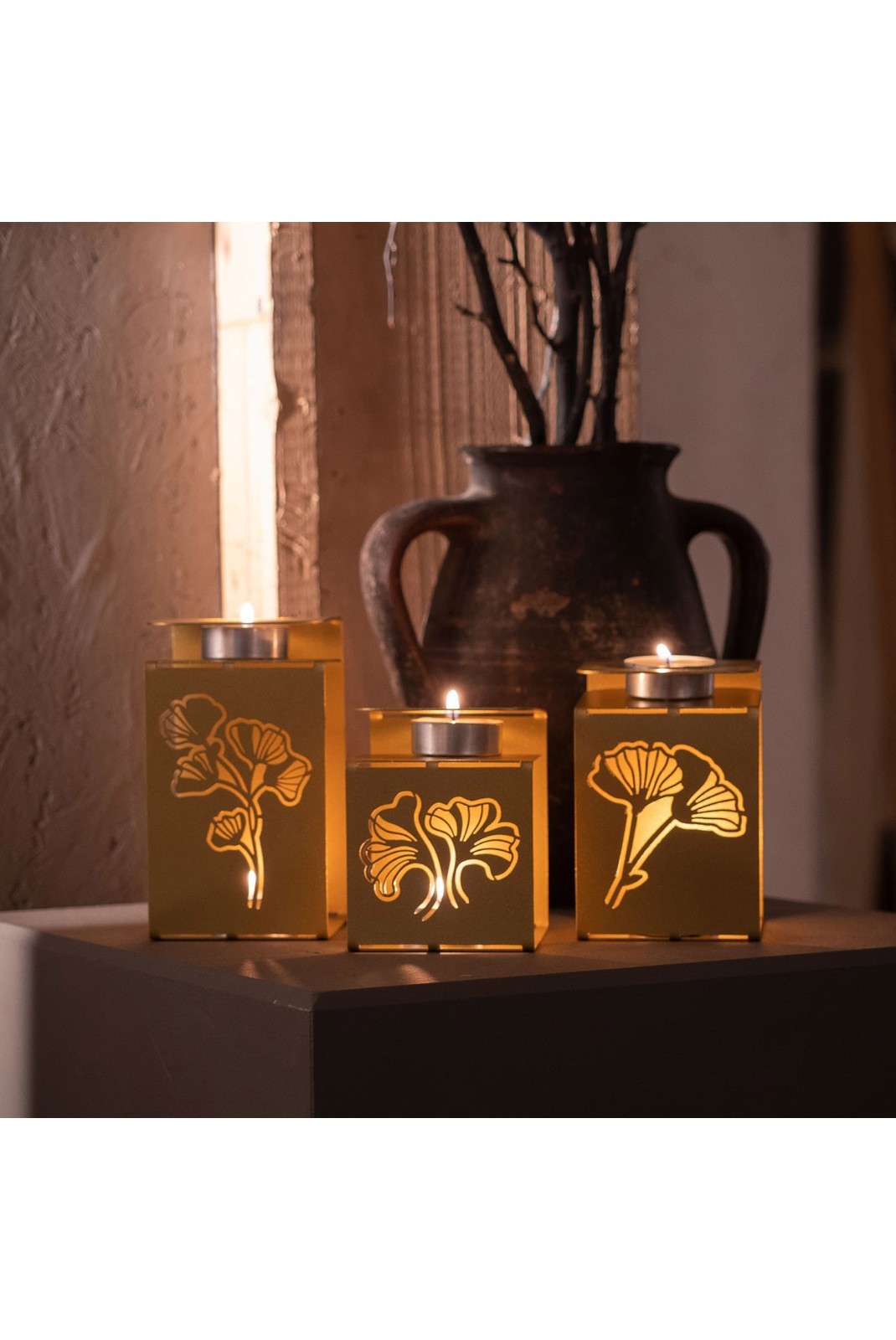 Ensemble de Bougeoirs (3 pièces) - Gold - Ginkgo Tealight - APT549 - Gold