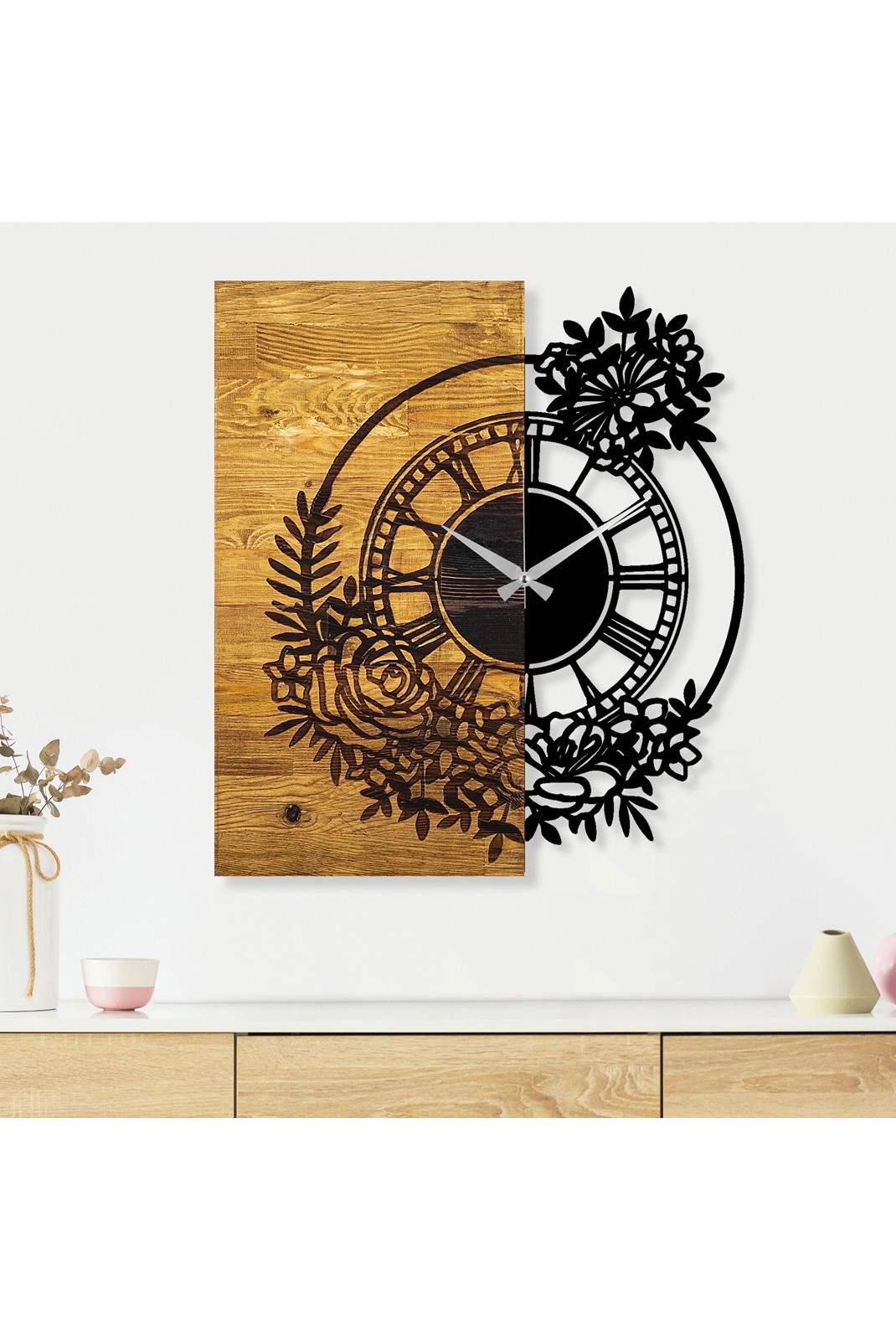 Horloge murale décorative en Bois - Noyer / Noir - 58x3x51cm - 539TNL1114