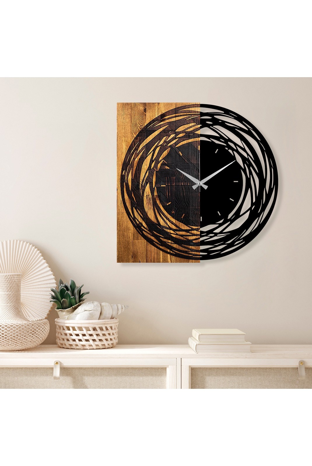 Horloge murale décorative en Bois - Noyer clair / Noir - 58x3x58cm - 539TNL1139