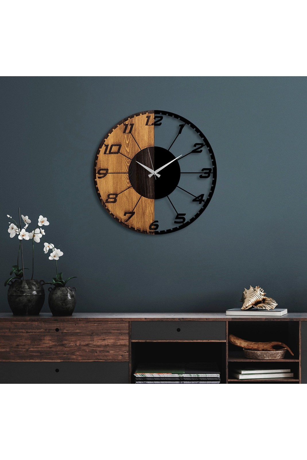 Horloge murale décorative en Bois - Noyer / Noir - 56x3x56cm - 539TNL1143