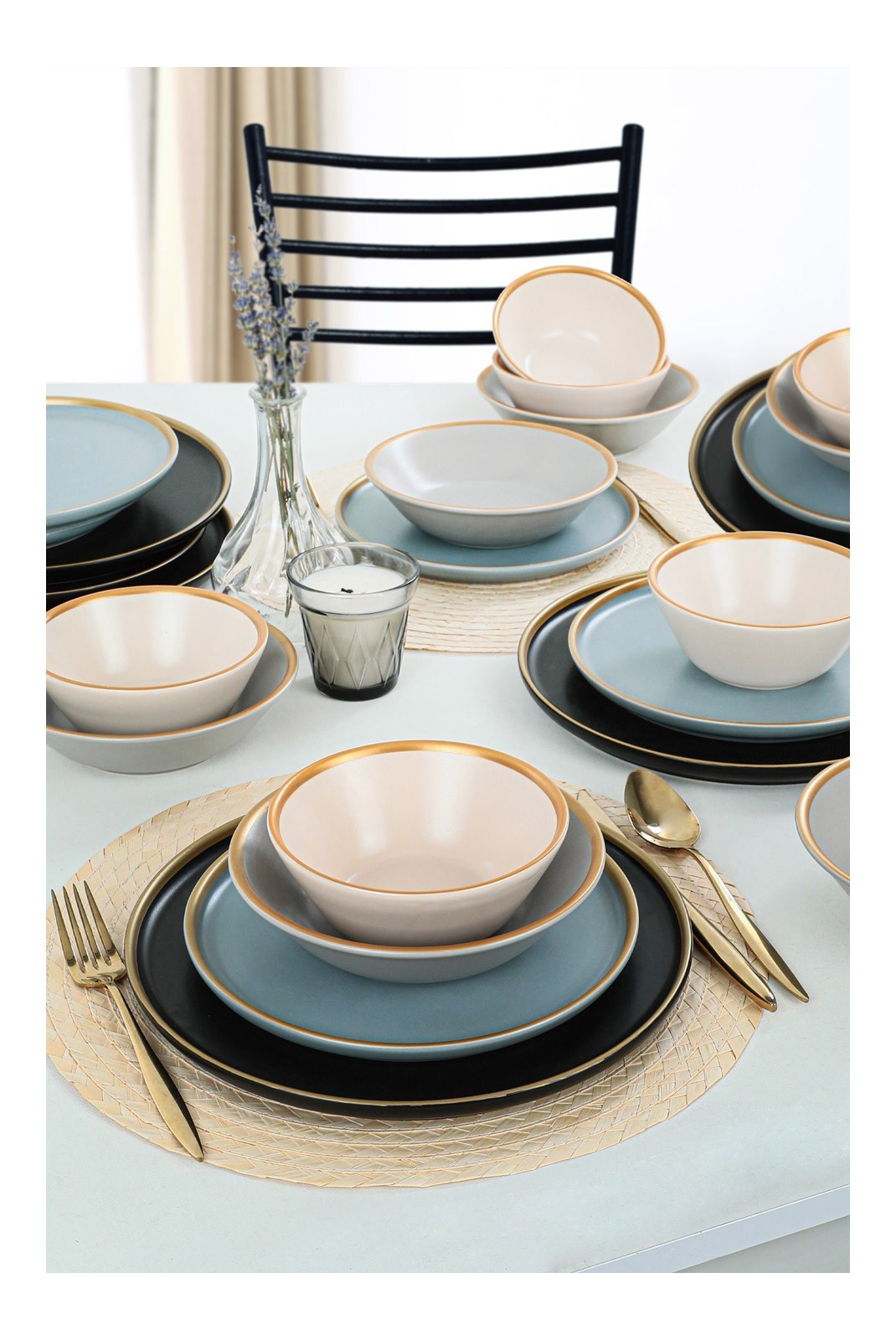 Service de table en céramique (24 pièces) - Black / Gold / White / Blue - M1742