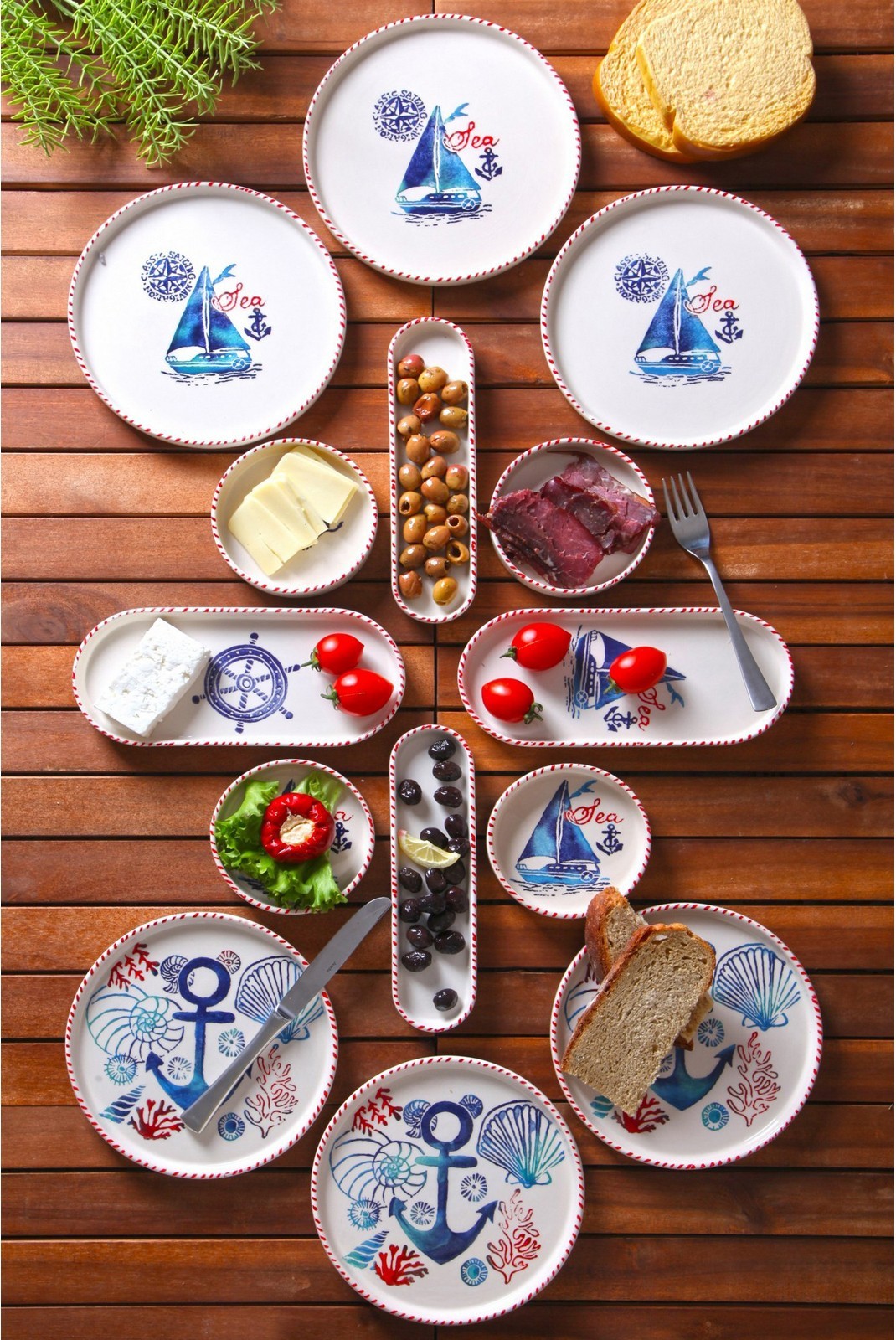 Services pour petit déjeuner (14 pièces) - White / Blue / Red - K1112