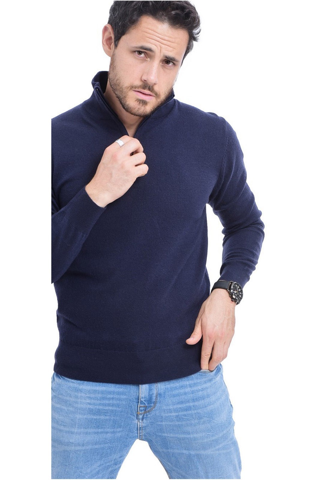 Pull Col Montant à Demi-Zip en cuir 2 fils - LE CAHEMIRE FRANÇAIS - Bleu Nuit