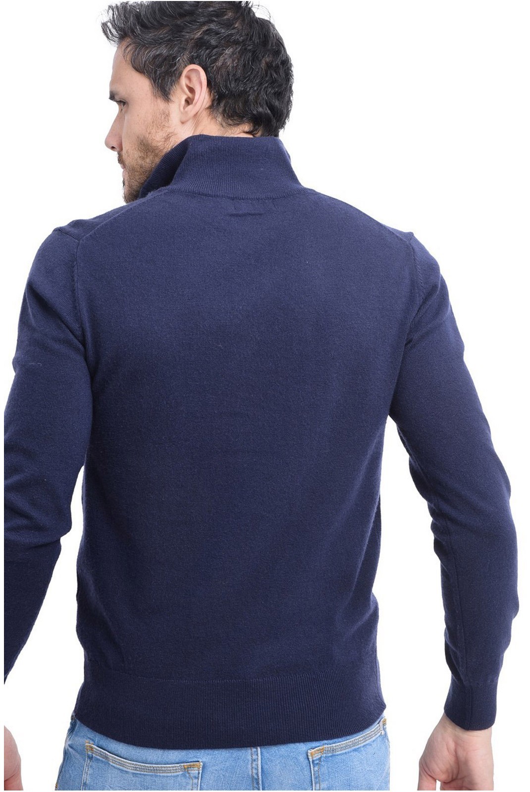 Pull Col Montant à Demi-Zip en cuir 2 fils - LE CAHEMIRE FRANÇAIS - Bleu Nuit