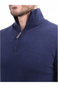 Pull Col Montant à Demi-Zip en cuir 2 fils - LE CAHEMIRE FRANÇAIS - Bleu Nuit