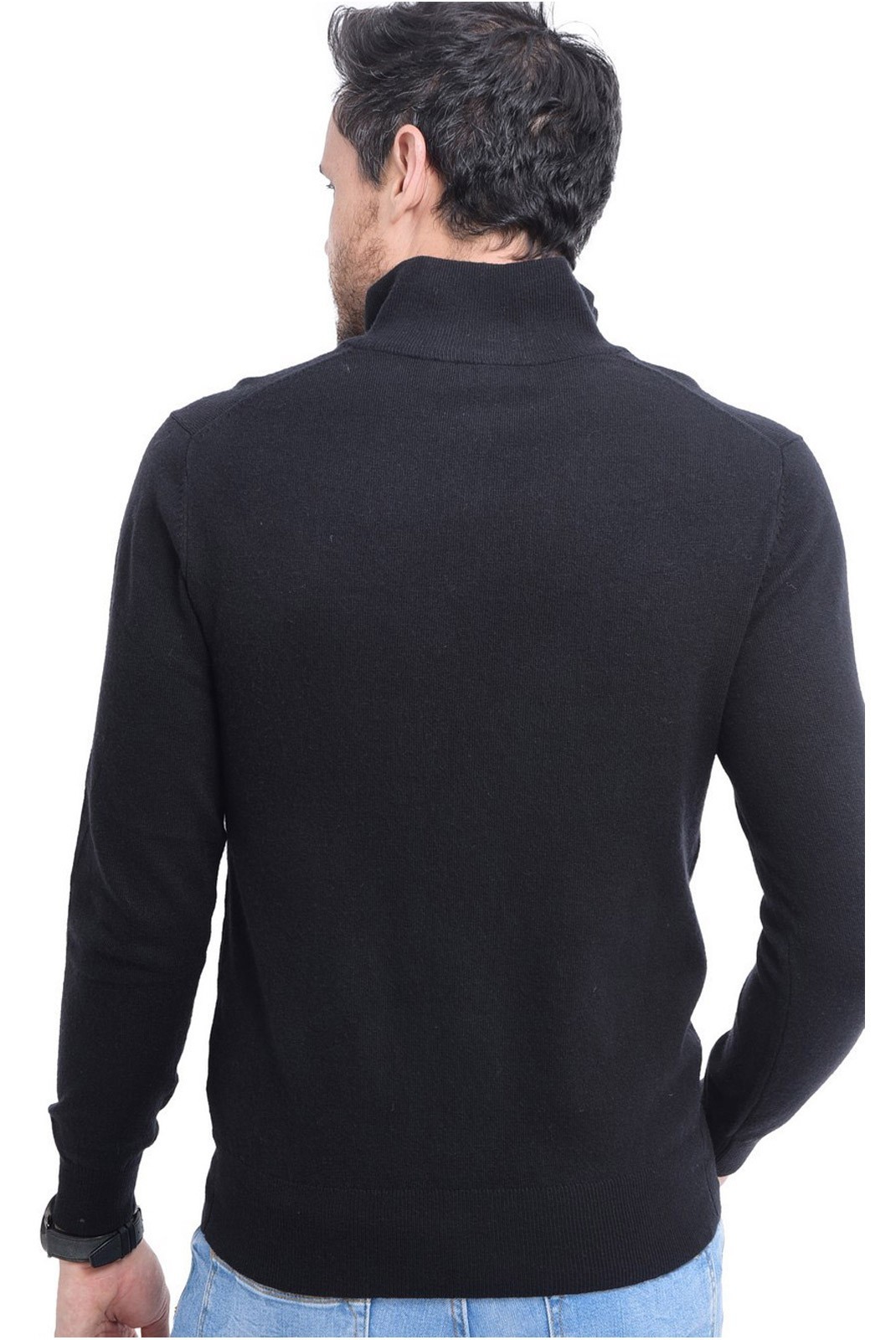 Pull Col Montant à Demi-Zip en cuir 2 fils - LE CAHEMIRE FRANÇAIS - Noir