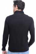 Pull Col Montant à Demi-Zip en cuir 2 fils - LE CAHEMIRE FRANÇAIS - Noir