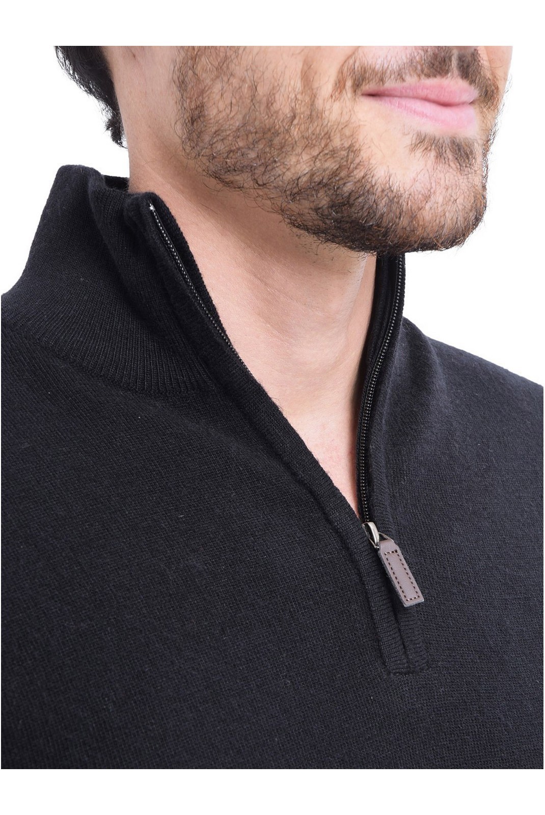 Pull Col Montant à Demi-Zip en cuir 2 fils - LE CAHEMIRE FRANÇAIS - Noir