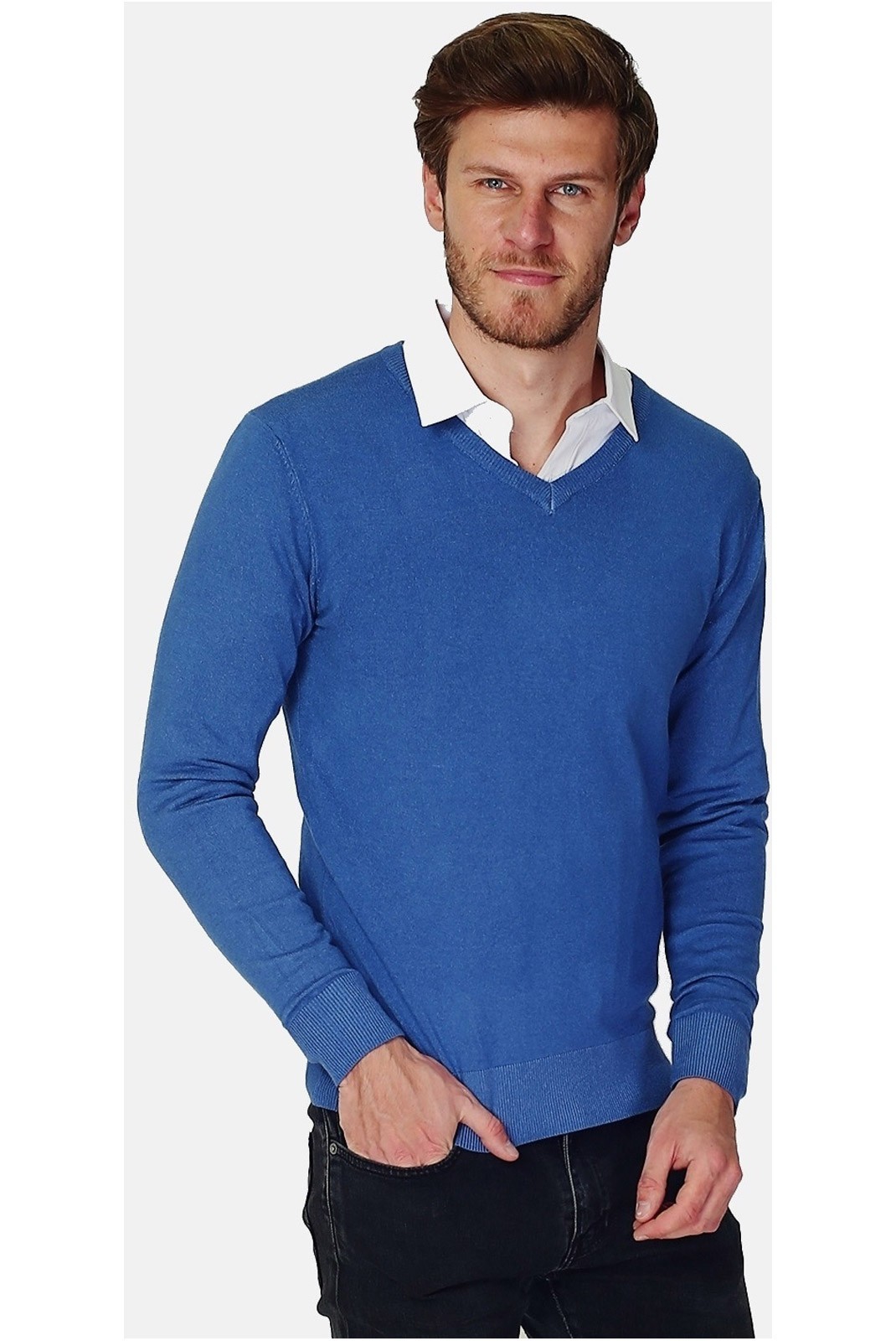 Pull  col V classique à manches longues tricotage en 3 fils - LE CAHEMIRE FRANÇAIS - Bleu Jeans