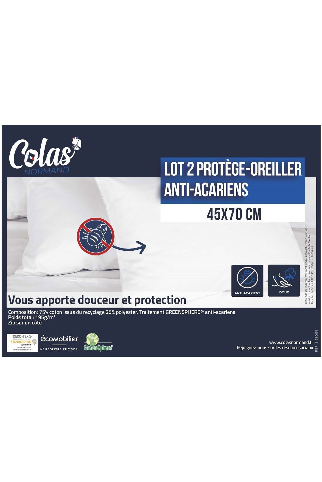 Lot de 2 protège oreillers anti acariens & anti bacteriens - 50x70*2 - 83131538