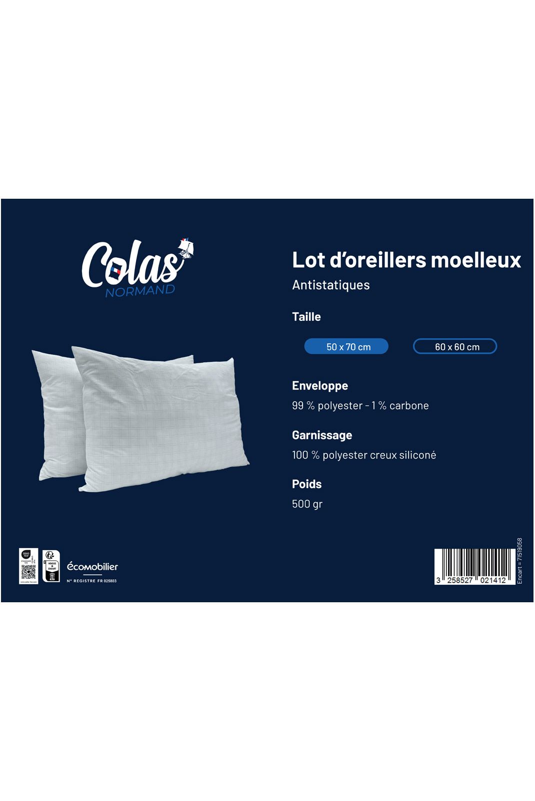 Lot de 2 Oreillers anti-Static Moelleux - 50x702cm - 73119126