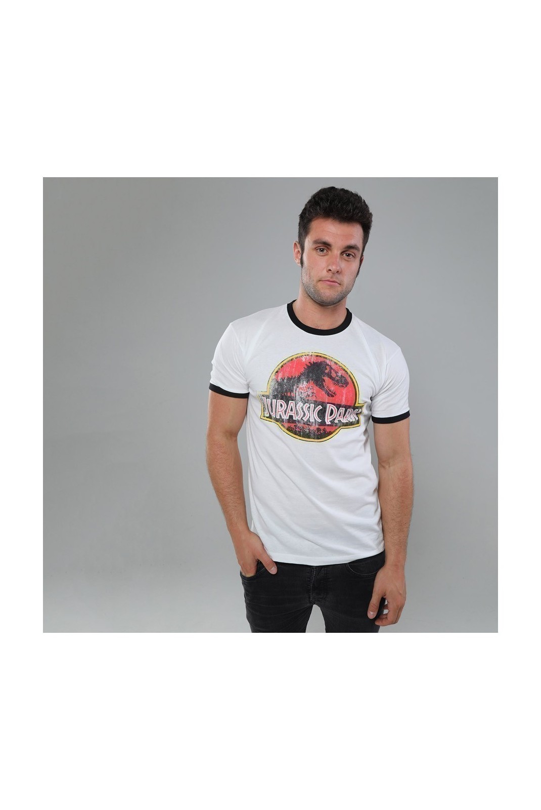 T-SHIRT - JURASSIC PARK - Distressed Logo - White/Black - GBMTS347WBL