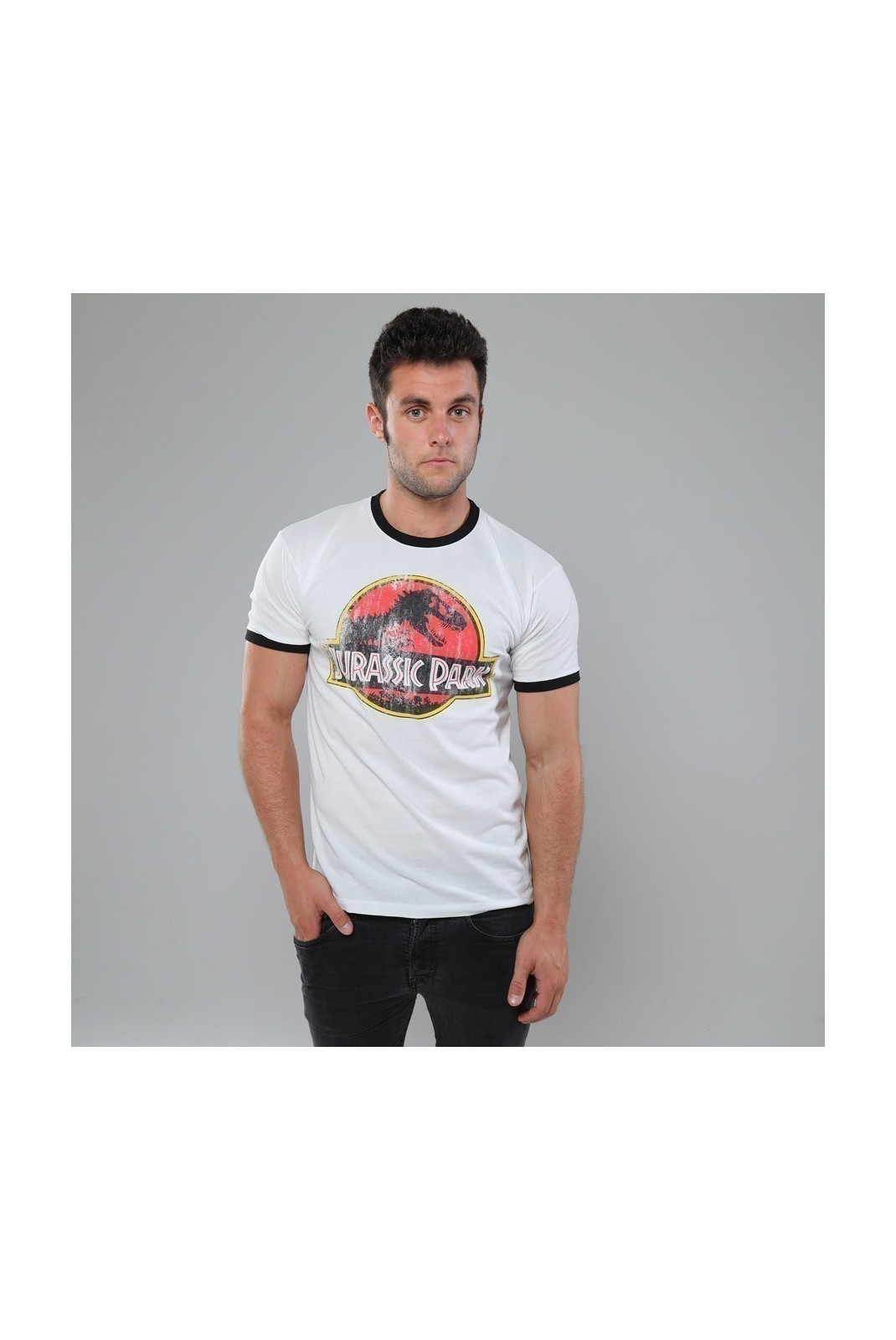 T-SHIRT - JURASSIC PARK - Distressed Logo - White/Black - GBMTS347WBL