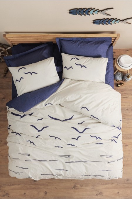 Ensemble de housse de couette simple Ranforce - 140x200cm / 60x60cm - Dark Blue / White