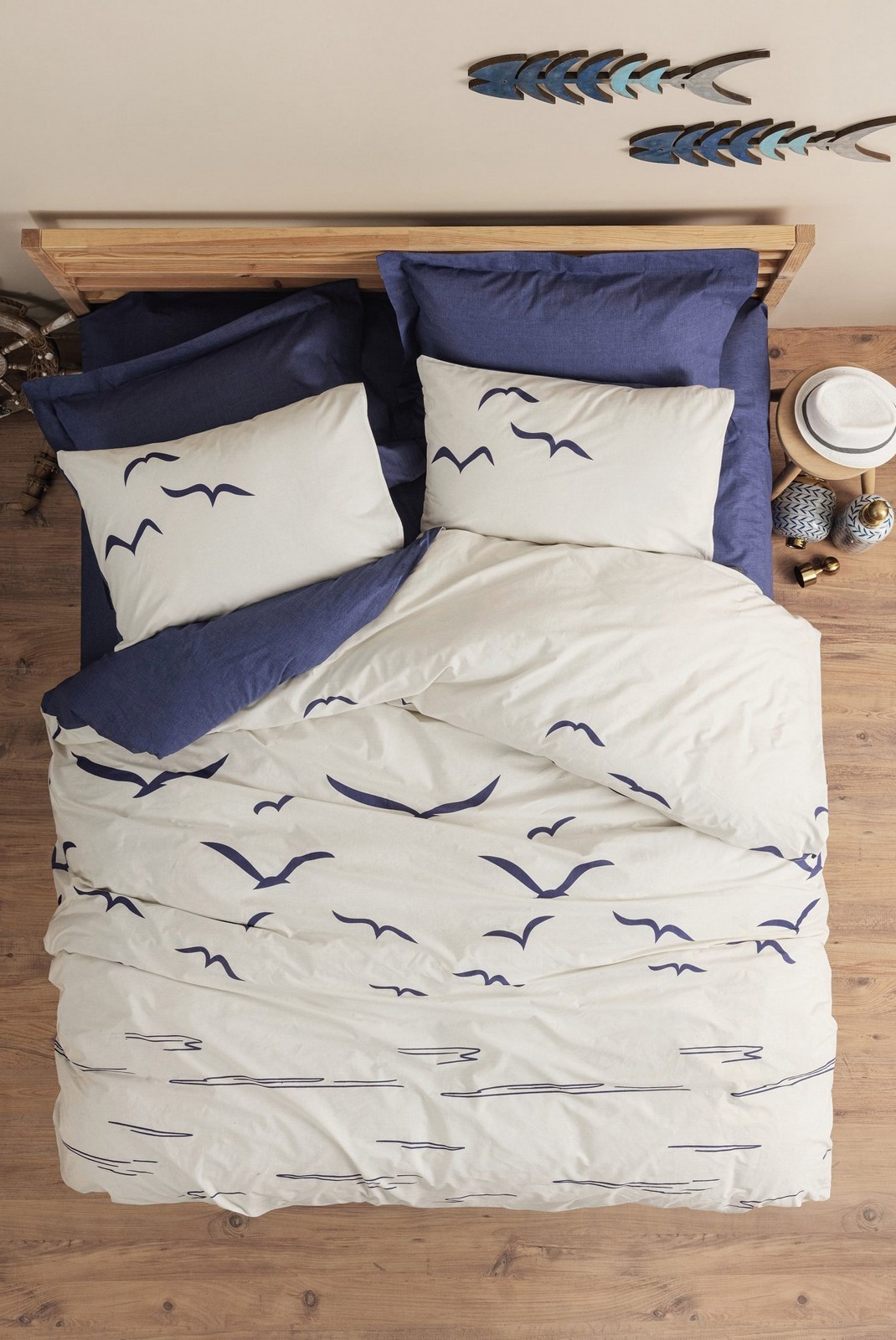 Ensemble de housse de couette simple Ranforce - 140x200cm / 60x60cm - Dark Blue / White