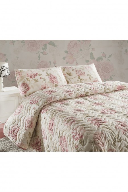 Ensemble de couvre-lit matelassé King - 240x220cm / 60x60cm - Pink / Ecru / Beige