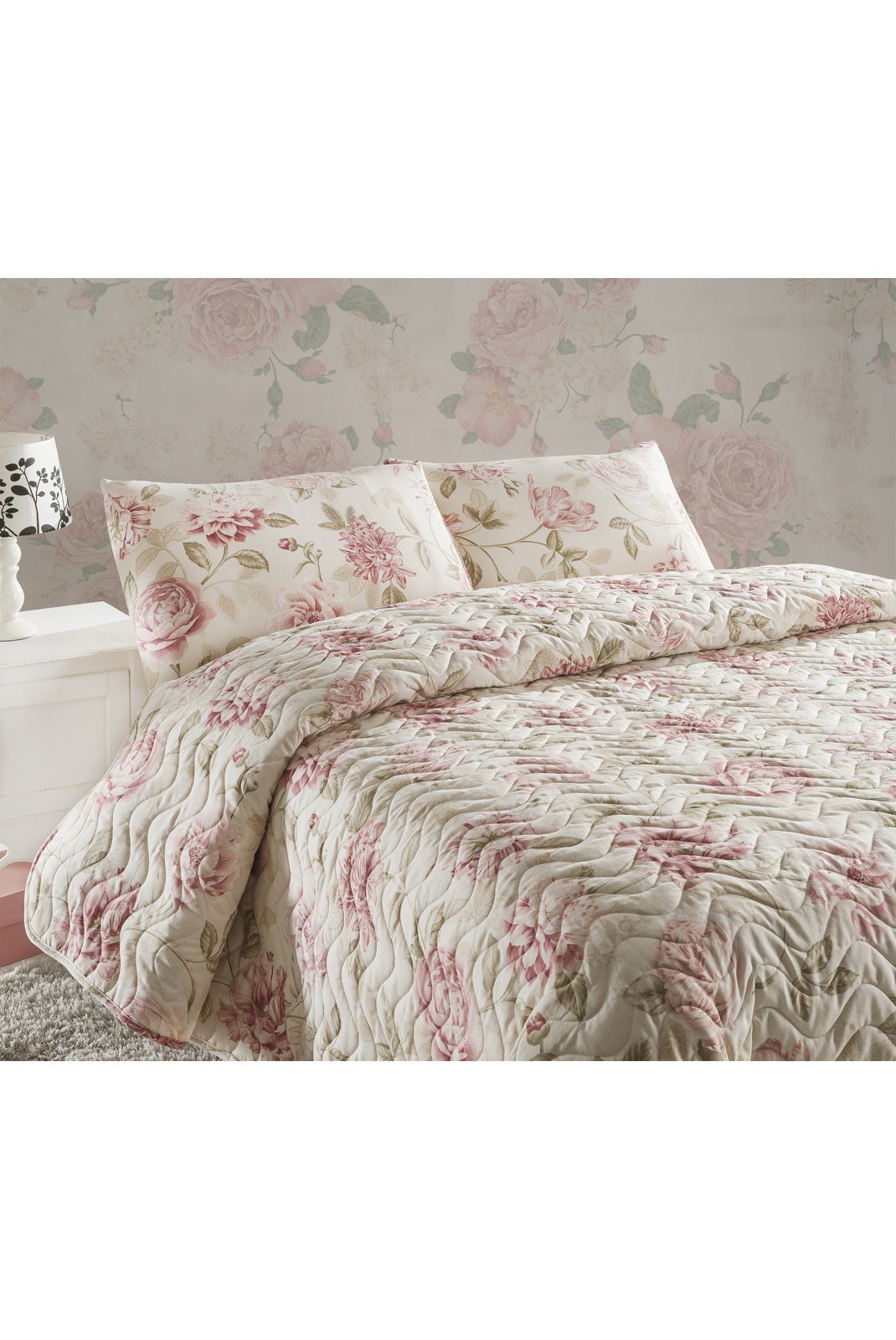 Ensemble de couvre-lit matelassé King - 240x220cm / 60x60cm - Pink / Ecru / Beige